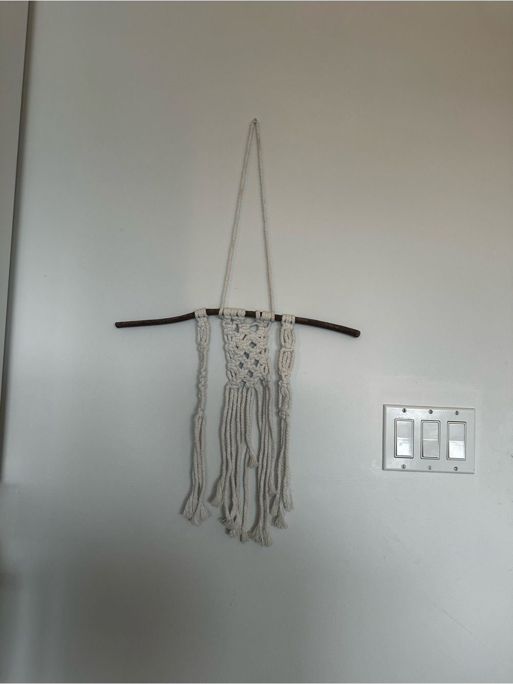 Handcrafted Cream Macramé Wall Tapestry with Natural Wood Accent